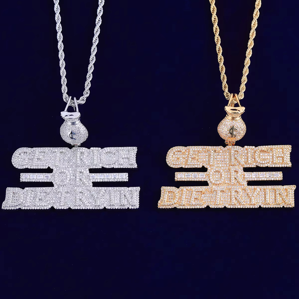 Iced Moissanite Letter ''Get Rich'' Diamond Pendant