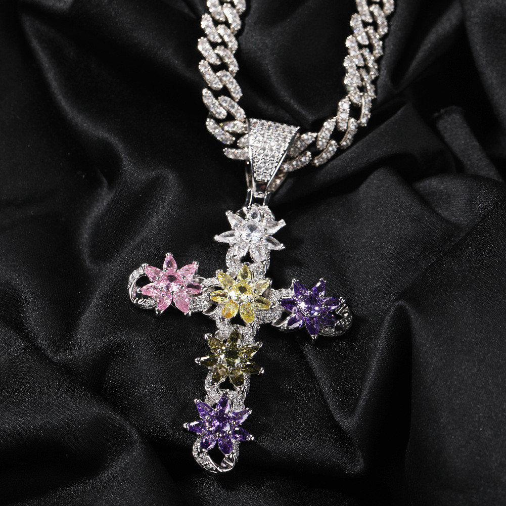 Rainbow Ice Cross Moissanite Pendant Chain Set