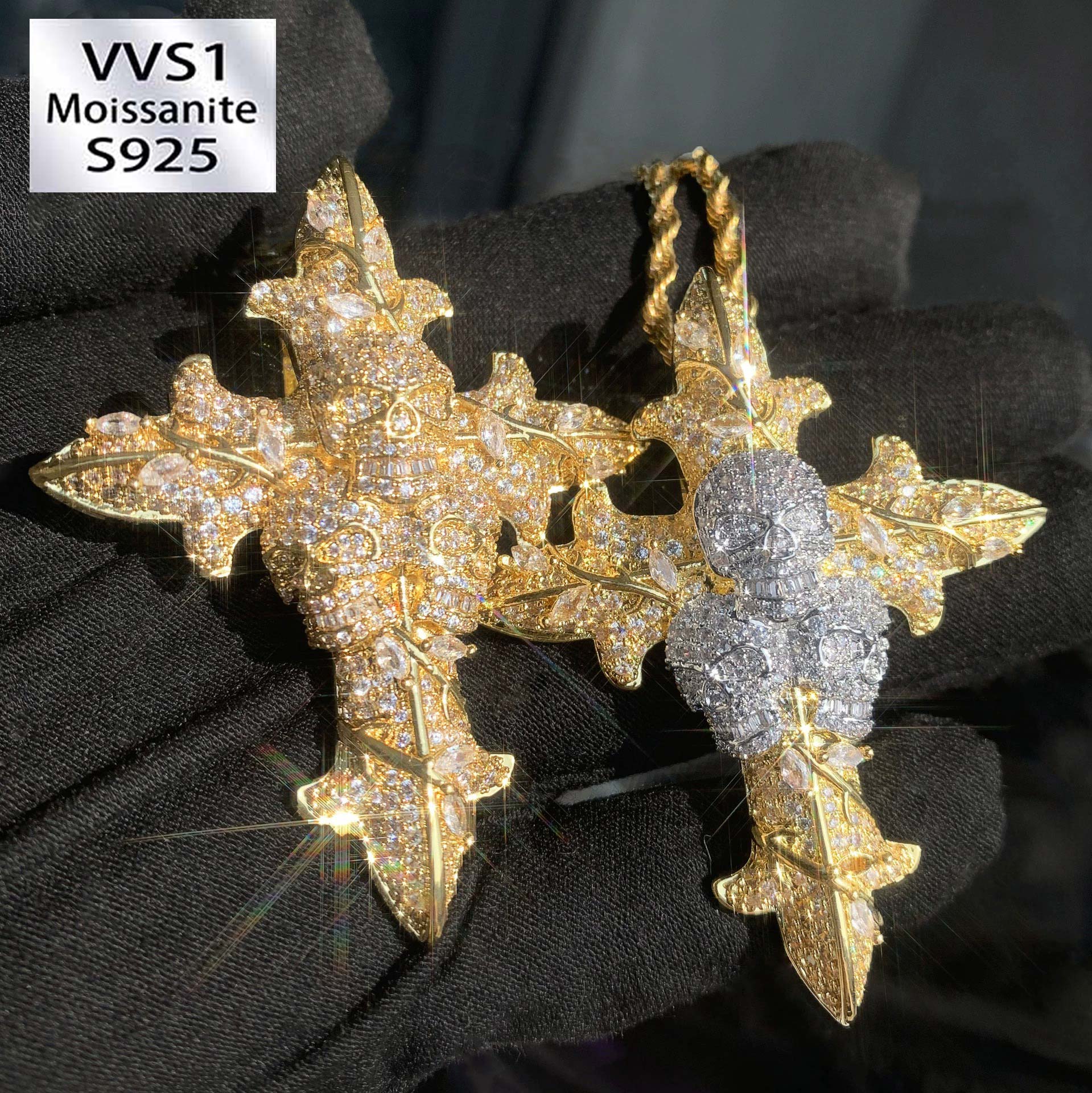 Iced Moissanite Diamond Skull Cross Pendant