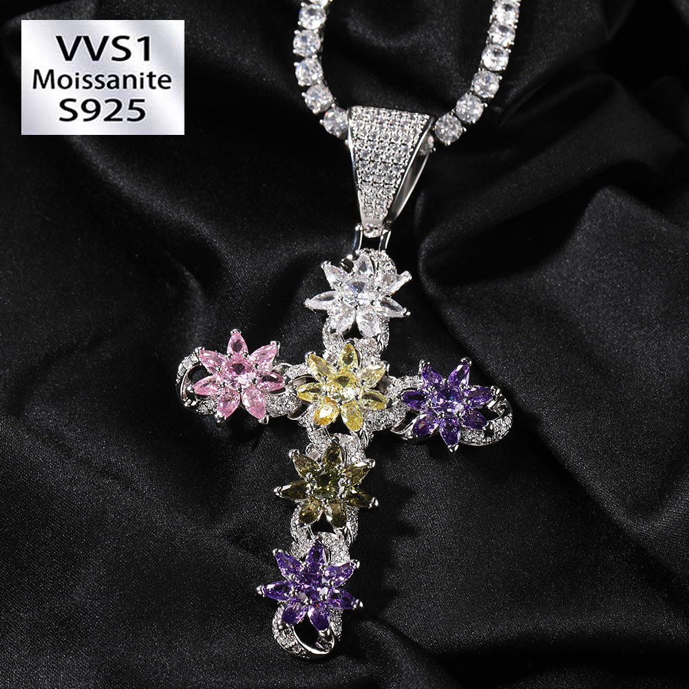 Rainbow Ice Cross Moissanite Pendant Chain Set