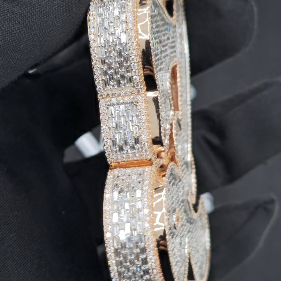 Close-up of moissanite stones on letter Z iced diamond pendant
