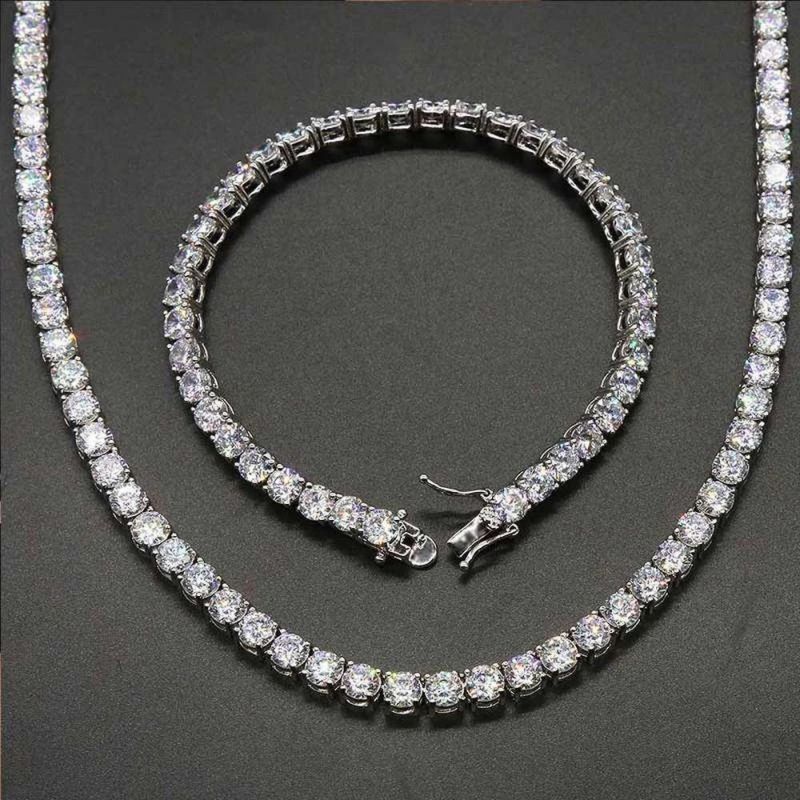 5mm 18K White Gold Single Row Moissanite Tennis Chain and Bracelet Set