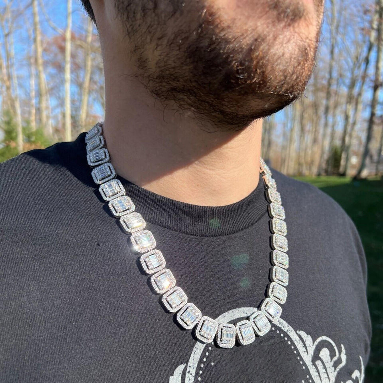 13mm 925 Sterling Silver Moissanite Baguette Rapper Chain Iced Out