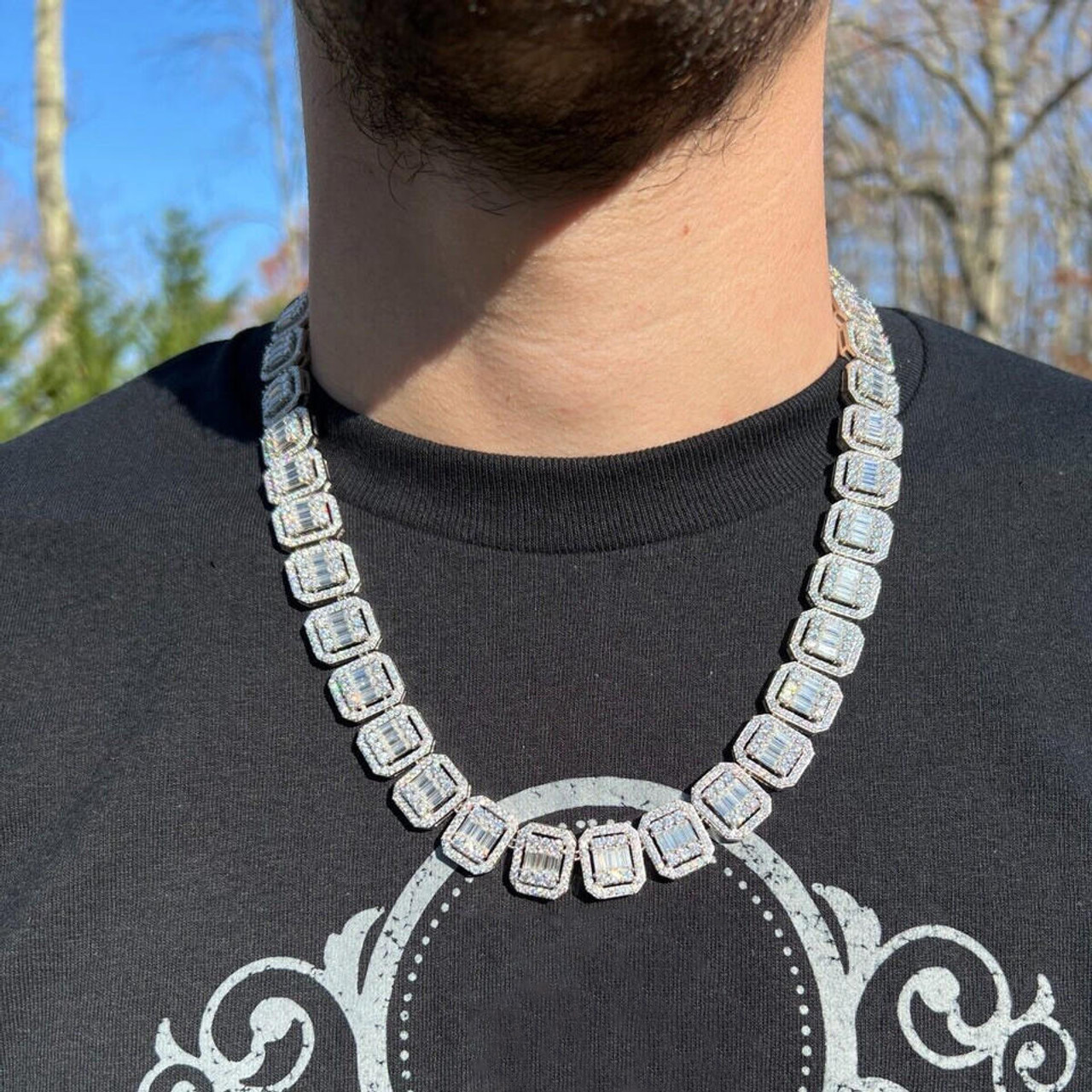 13mm 925 Sterling Silver Moissanite Baguette Rapper Chain Iced Out