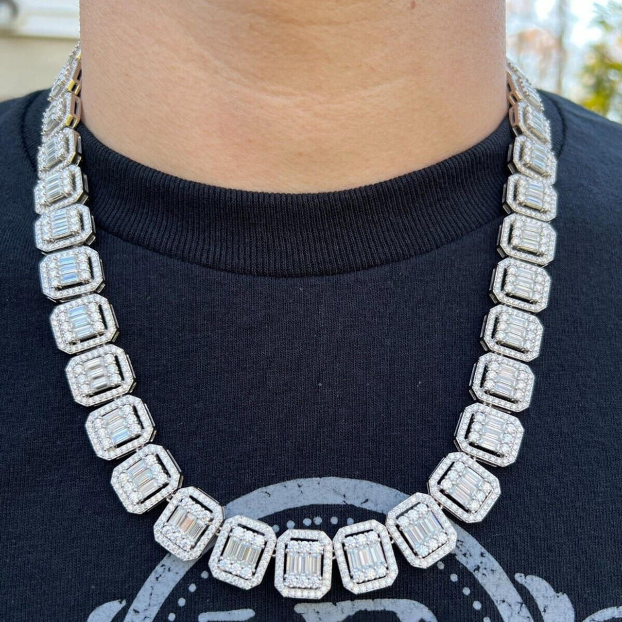 13mm 925 Sterling Silver Moissanite Baguette Rapper Chain Iced Out