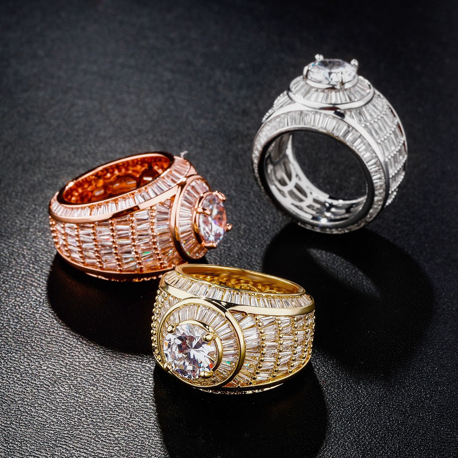 Iced Out Round Cut Baguette Swirl Statement Ring