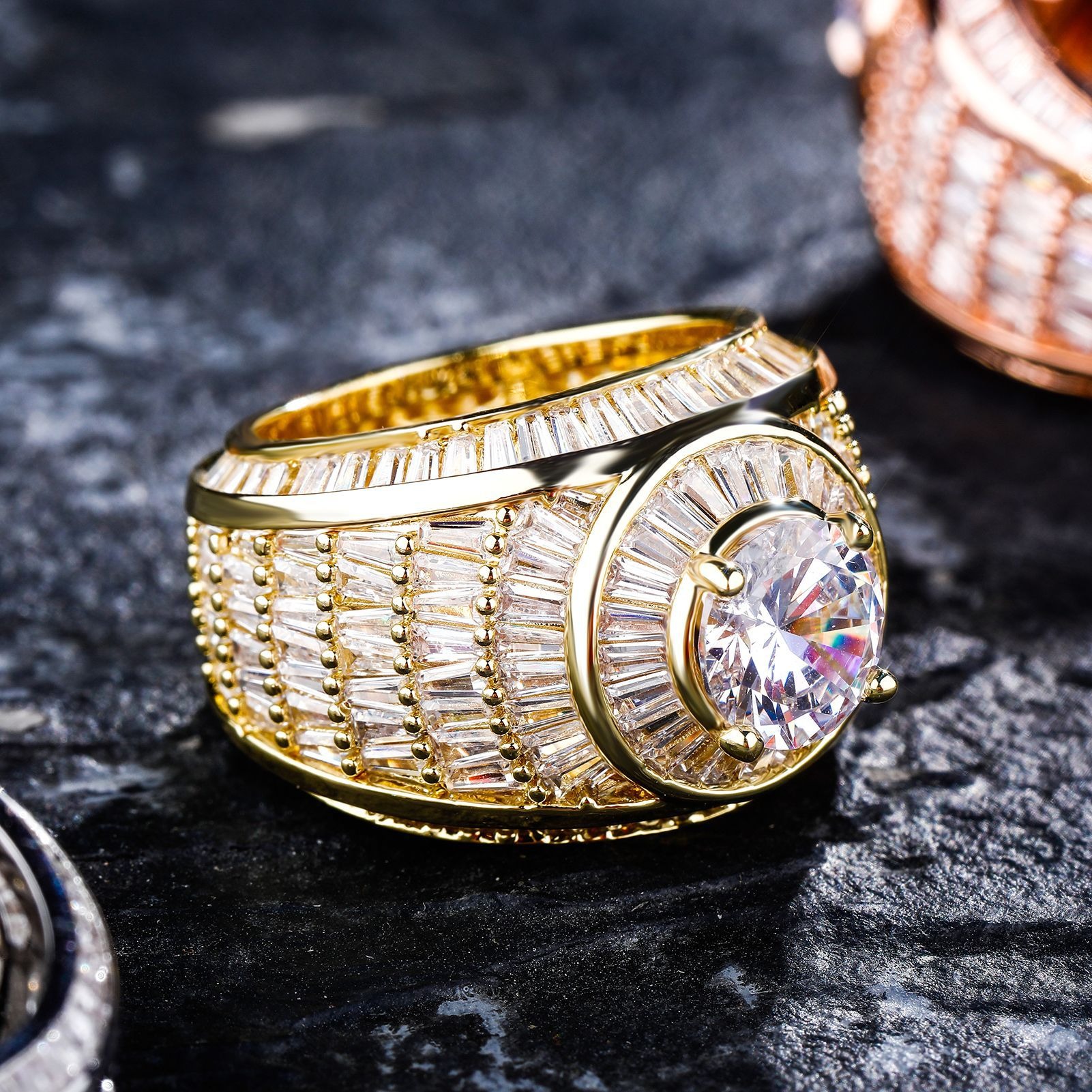 Iced Out Round Cut Baguette Swirl Statement Ring