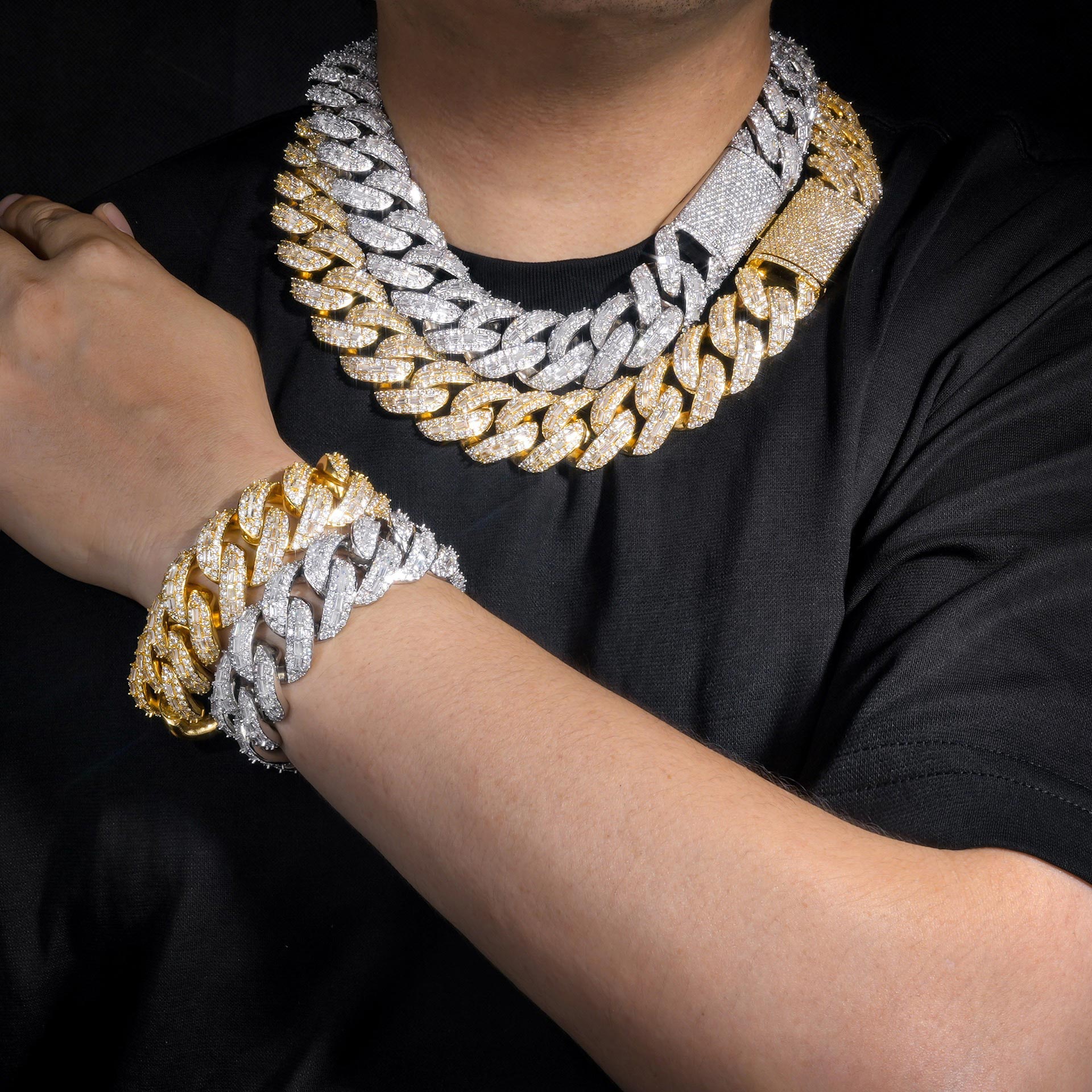 25mm Baguette Cuban Link Chain & Bracelet