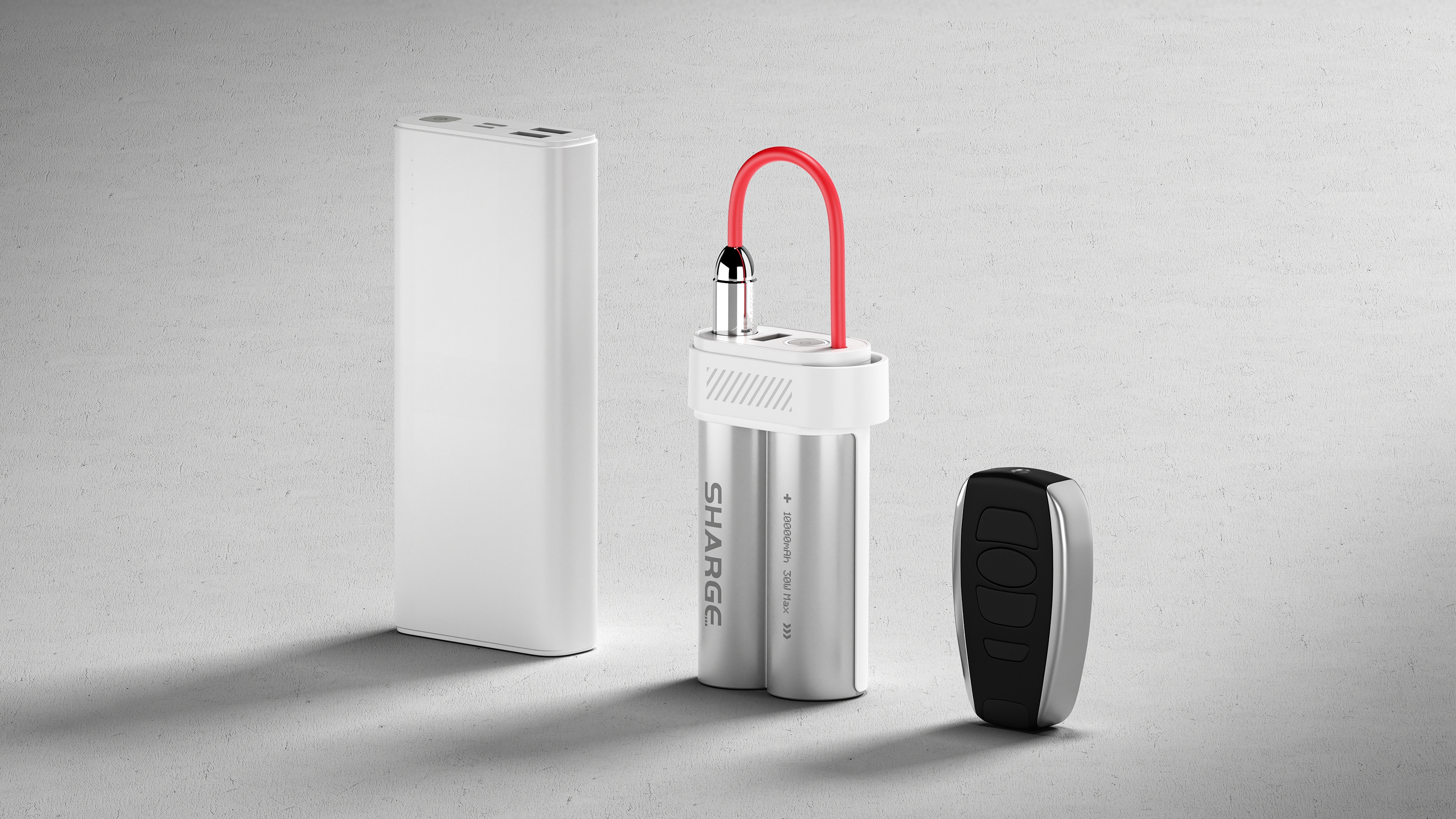 {"default":"Pouch Mini Powerbank und Powerbanks anderer Marken und Autoschlüssel nebeneinander."}