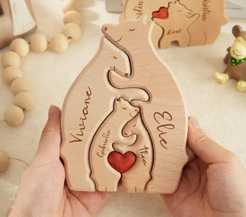 Personalized Wooden Bears Family, Bear Shaped Wood Puzzle with Custom Name- Gift for Mother's Day, Thanksgiving, Christmas