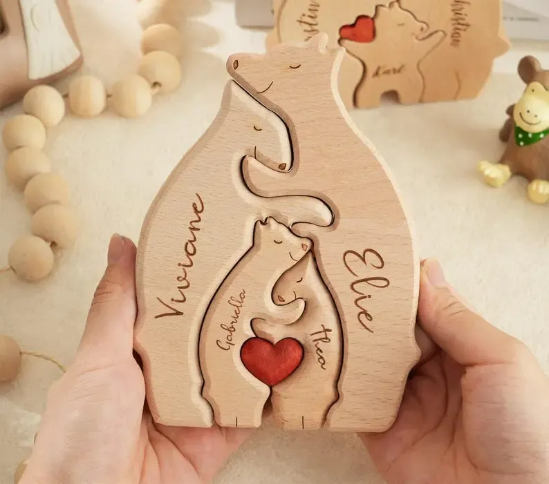 Personalized Wooden Bears Family, Bear Shaped Wood Puzzle with Custom Name- Gift for Mother's Day, Thanksgiving, Christmas