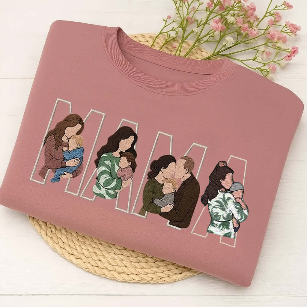 Custom Photo Portrait Embroidery Sweatshirt/Hoodie, Gift For Dad/Mama/Family