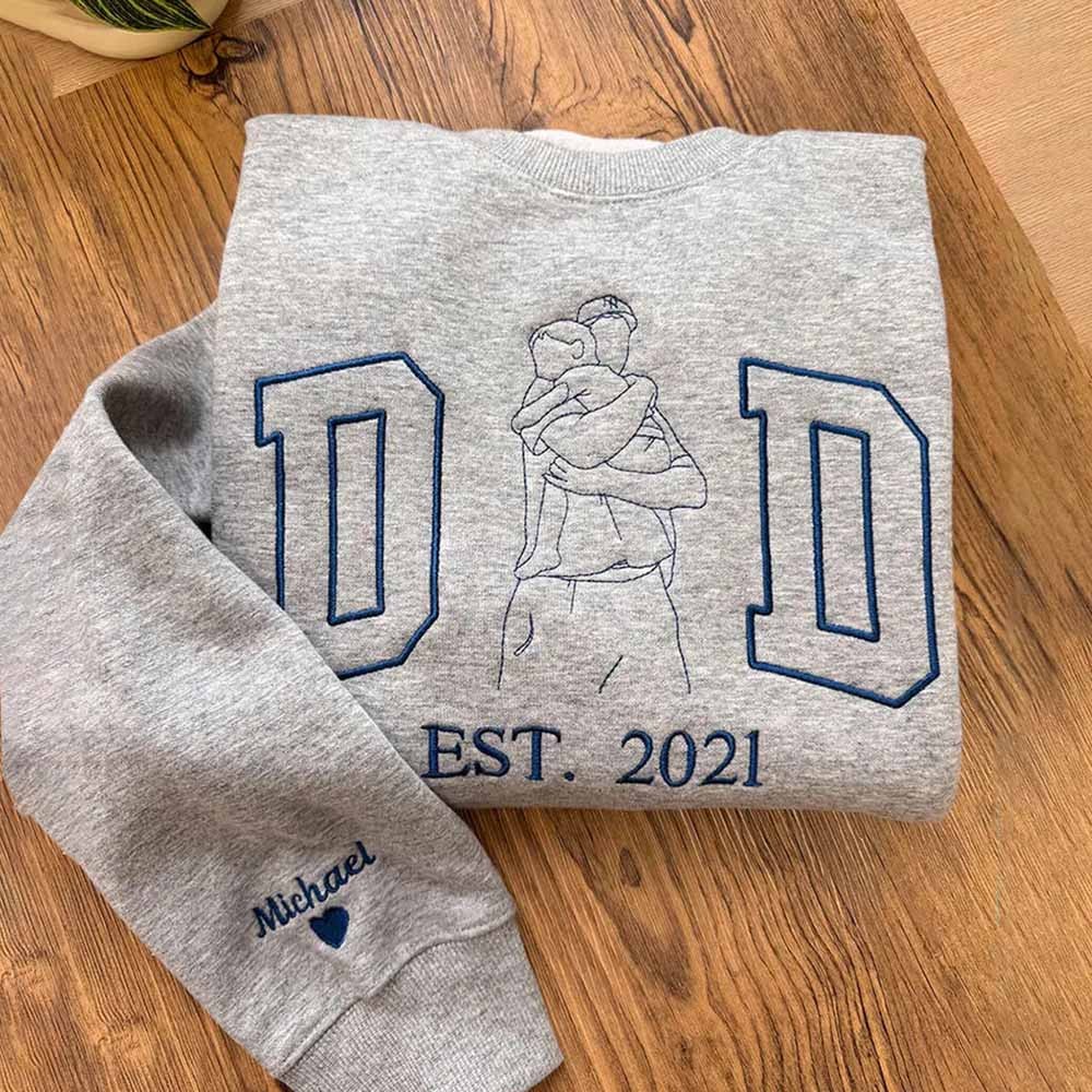 Line Art Dad Tribute Sweatshirt with Kid's Name on Sleeve