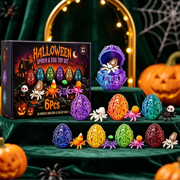 🎃Halloween 3D Printed Spider Egg Set Creative Posable Spider Figurines Hatching Surprise Eggs Kids Holiday Toys🕷️