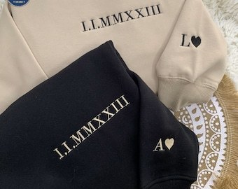 Personalized Hoodie Embroidered Lateral Roman Numeral Date and Initial Great Gift for Anniversary