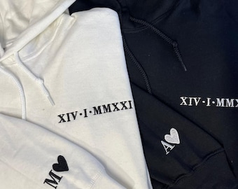 Personalized Hoodie Embroidered Lateral Roman Numeral Date and Initial Great Gift for Anniversary