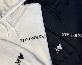 Personalized Hoodie Embroidered Lateral Roman Numeral Date and Initial Great Gift for Anniversary
