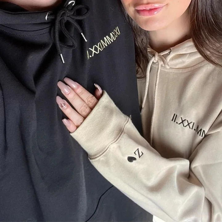 Personalized Hoodie Embroidered Lateral Roman Numeral Date and Initial Great Gift for Anniversary
