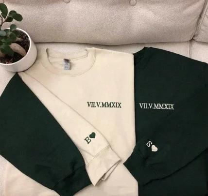 Personalized Hoodie Embroidered Lateral Roman Numeral Date and Initial Great Gift for Anniversary