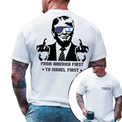 From America First to Israel First Men's Short Sleeve T-Shirt - Political Satire Graphic Tee, Trump Foreign Policy