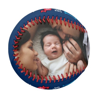 Modern 1st Fathers Day Baby Photo Typography Blue Baseball And Softball