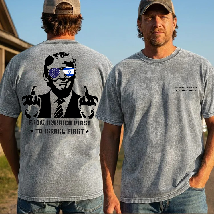From America First to Israel First Men's Short Sleeve T-Shirt - Political Satire Graphic Tee, Trump Foreign Policy