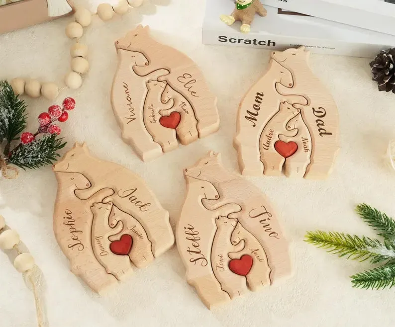Personalized Wooden Bears Family, Bear Shaped Wood Puzzle with Custom Name- Gift for Mother's Day, Thanksgiving, Christmas
