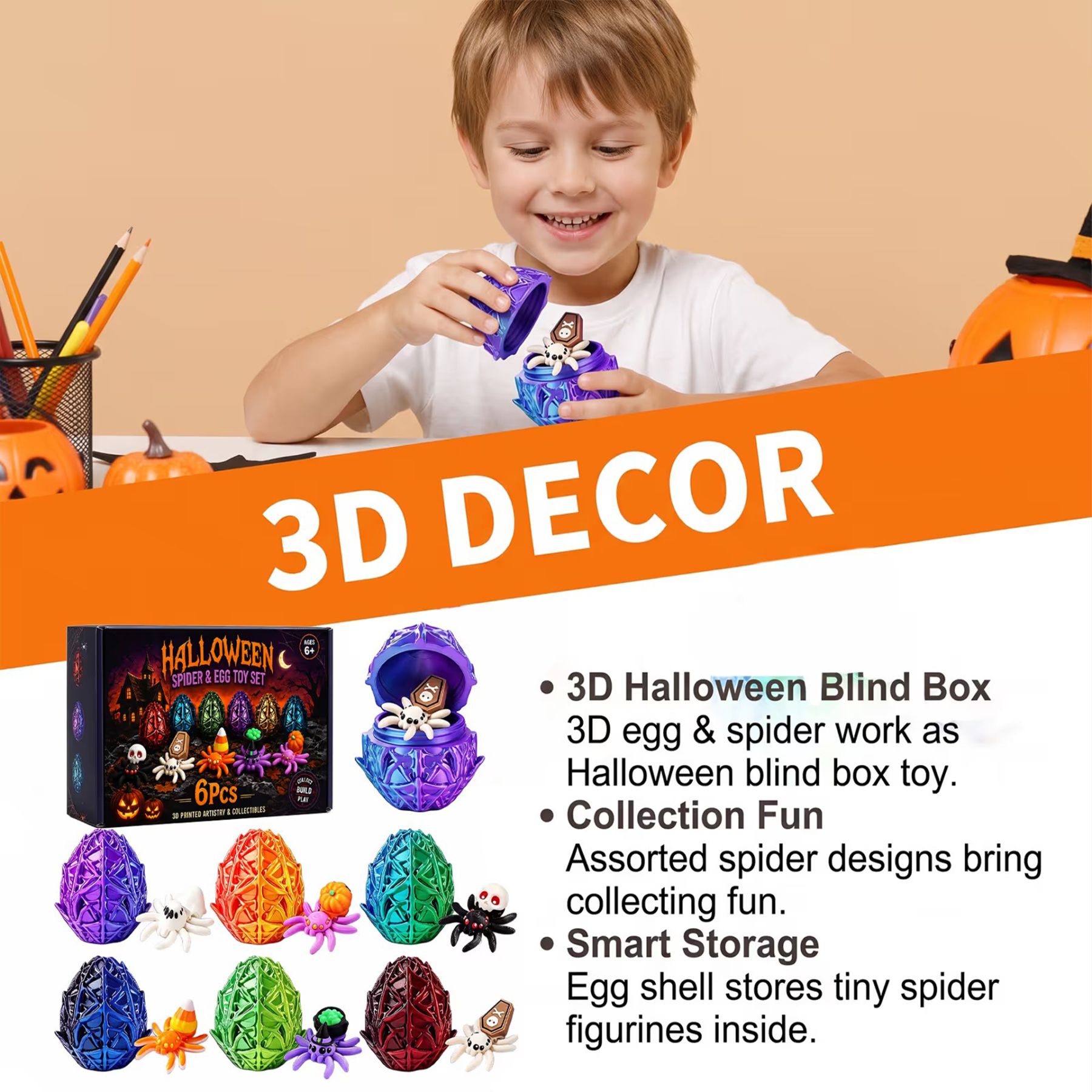 🎃Halloween 3D Printed Spider Egg Set Creative Posable Spider Figurines Hatching Surprise Eggs Kids Holiday Toys🕷️
