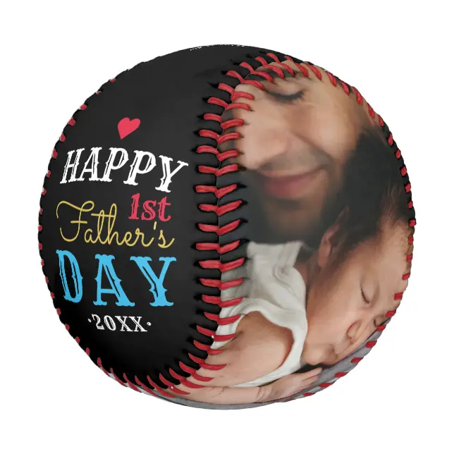 Modern 1st Fathers Day Typography Baby Photo White Baseball And Softball