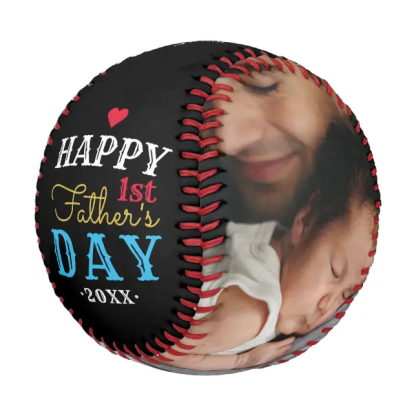 Modern 1st Fathers Day Typography Baby Photo White Baseball And Softball