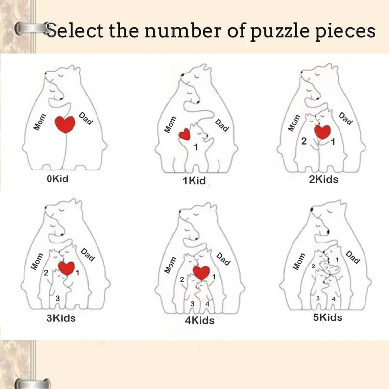 Personalized Wooden Bears Family, Bear Shaped Wood Puzzle with Custom Name- Gift for Mother's Day, Thanksgiving, Christmas