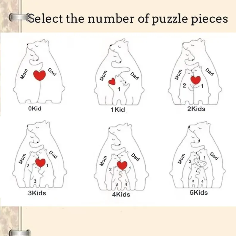 Personalized Wooden Bears Family, Bear Shaped Wood Puzzle with Custom Name- Gift for Mother's Day, Thanksgiving, Christmas
