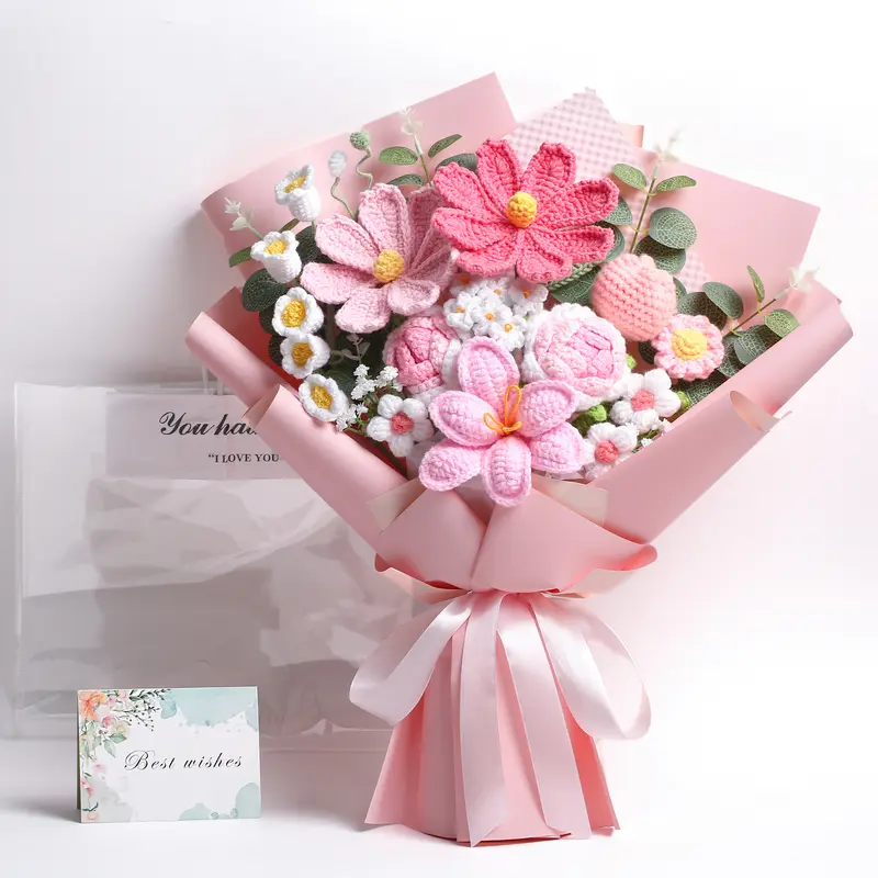 Crochet Flowers Bouquet - Hand Knitted Rose Crochet Flower Bouquet for Home Decor, Weddings, Birthdays, Valentine’s Day, Mother's Day