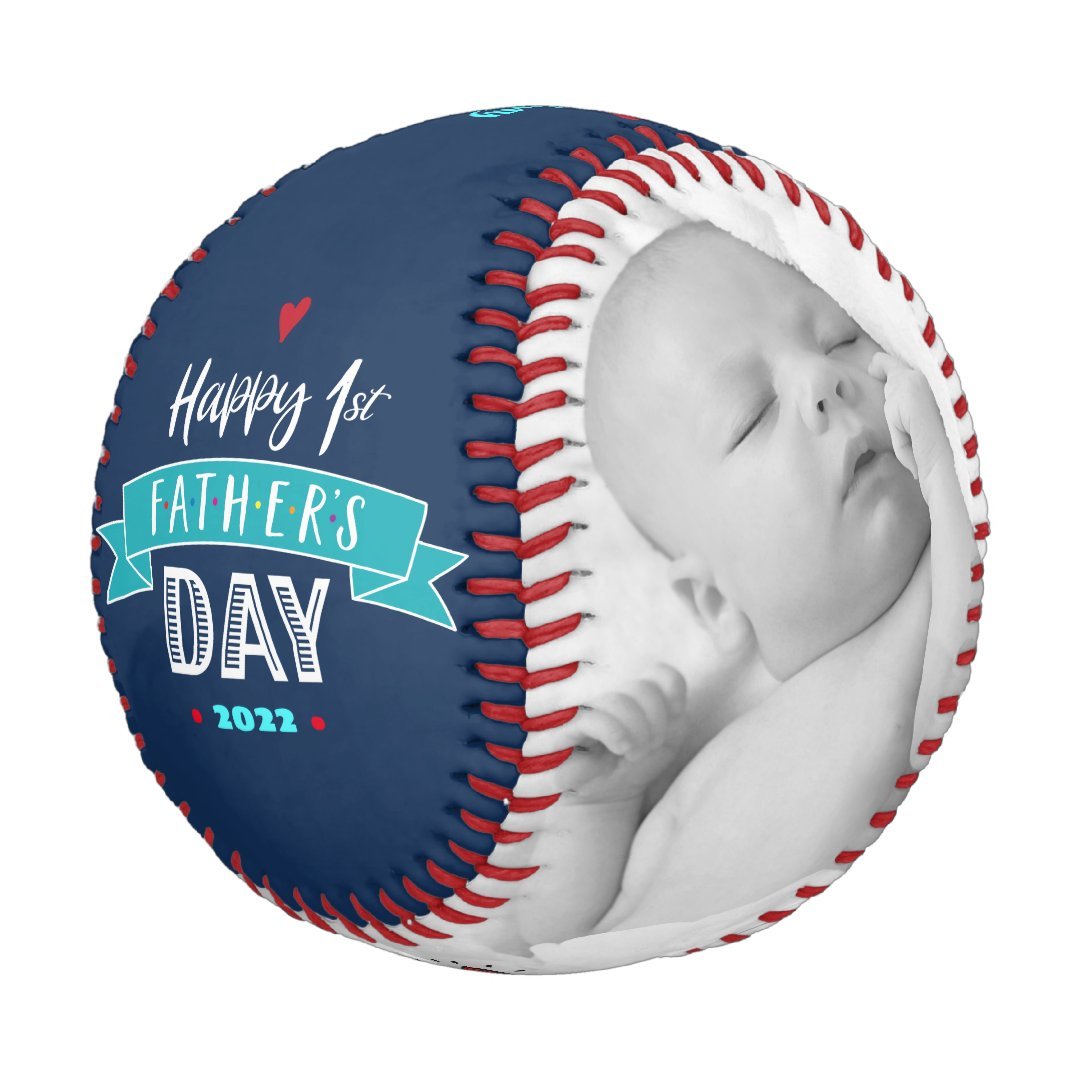 Happy 1st Father’s Day, Bold Typography, Aqua Navy Baseball And Softball