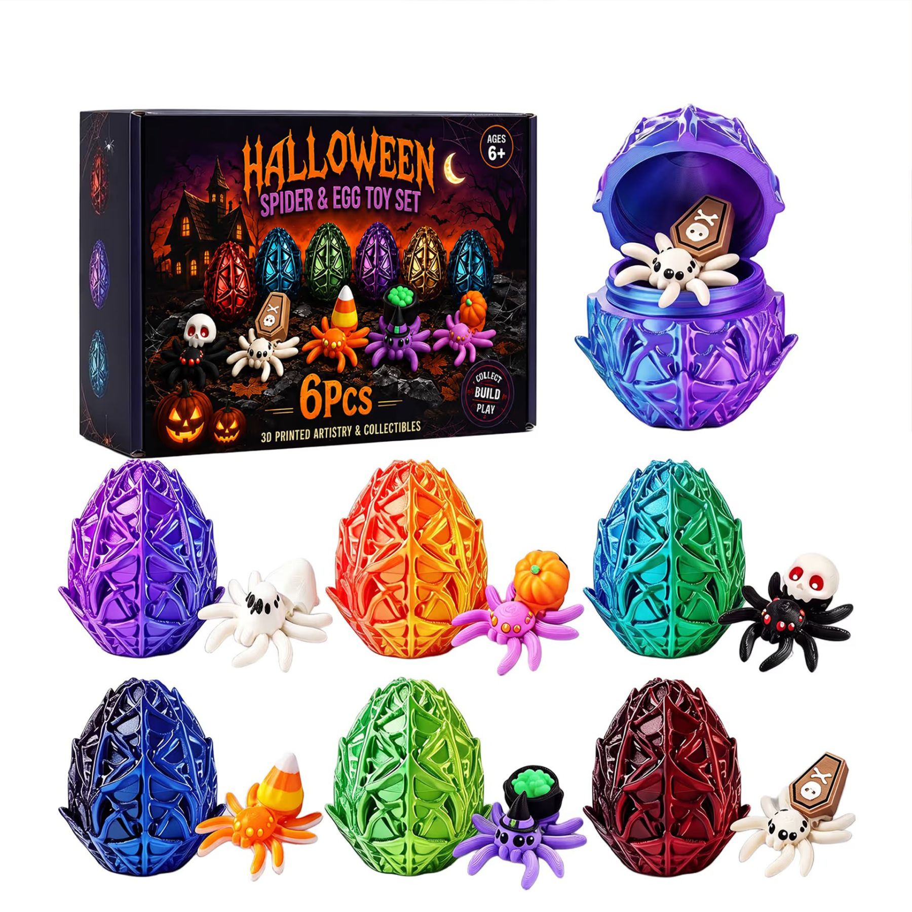 🎃Halloween 3D Printed Spider Egg Set Creative Posable Spider Figurines Hatching Surprise Eggs Kids Holiday Toys🕷️