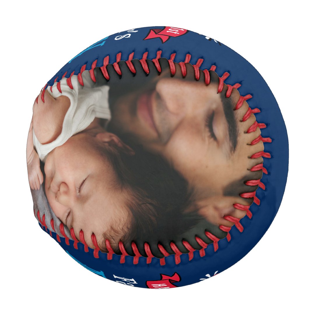 Modern 1st Fathers Day Baby Photo Typography Blue Baseball And Softball