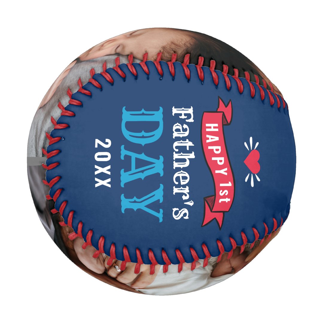 Modern 1st Fathers Day Baby Photo Typography Blue Baseball And Softball