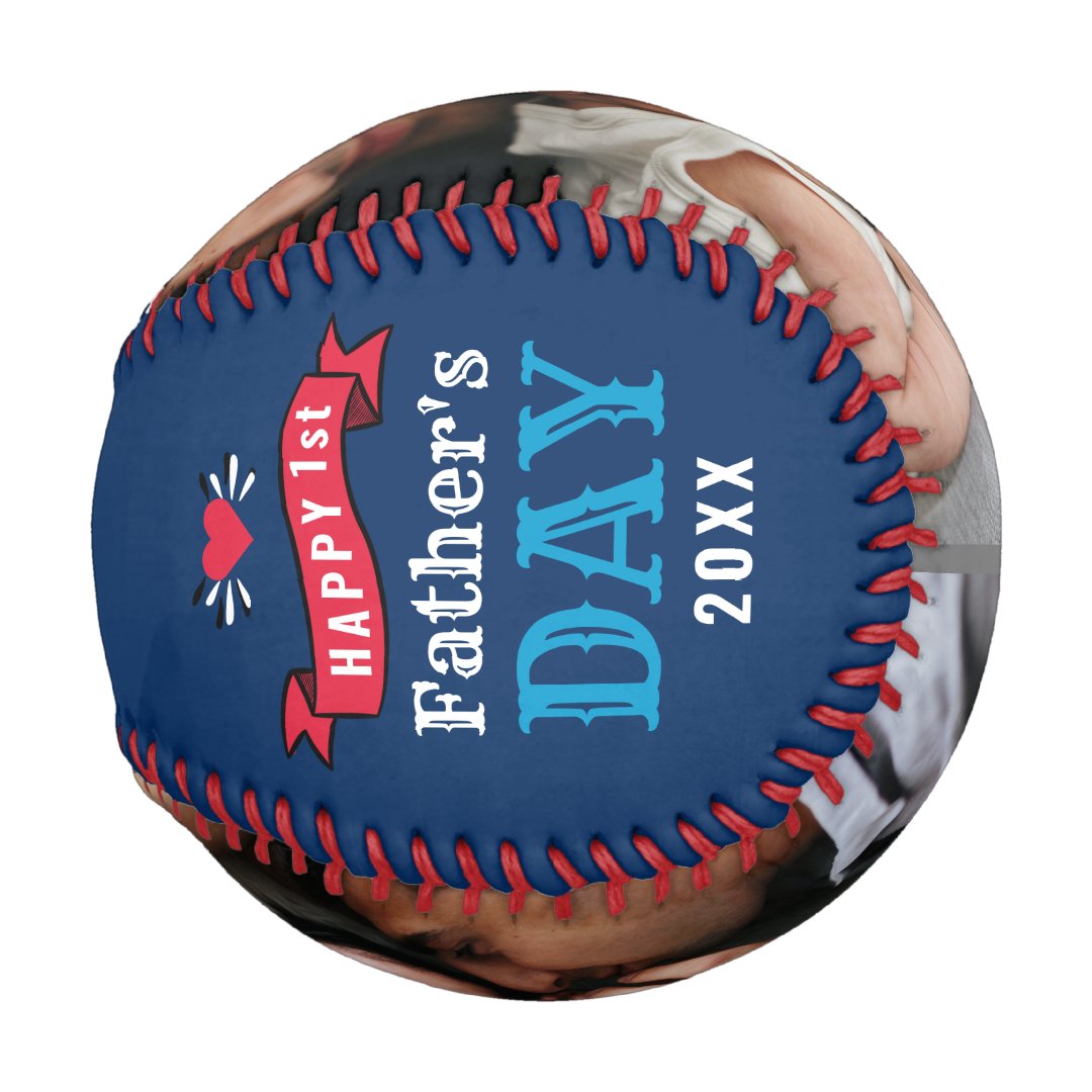 Modern 1st Fathers Day Baby Photo Typography Blue Baseball And Softball