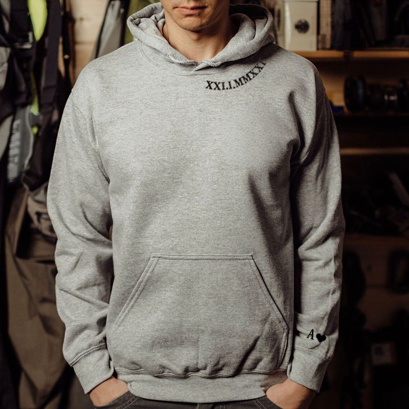 Personalized Hoodie Embroidered Roman Numeral Date and Initial Unique Gift for Anniversary