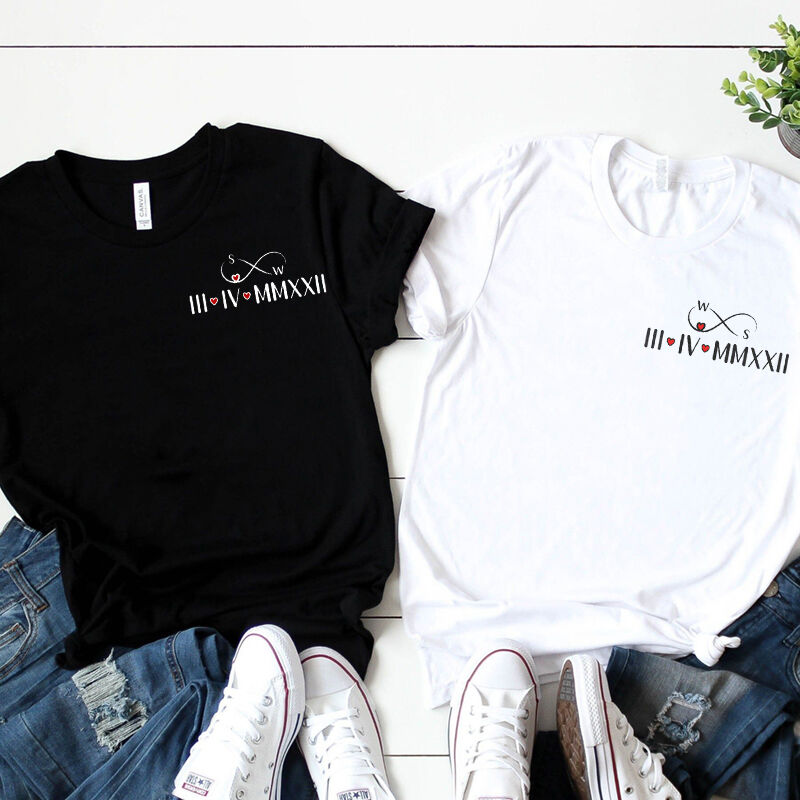 Personalized T-shirt Custom Embroidered Roman Numeral Date with Infinite Love Design Gift for Couple's Anniversary