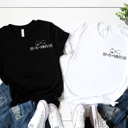Personalized T-shirt Custom Embroidered Roman Numeral Date with Infinite Love Design Gift for Couple's Anniversary