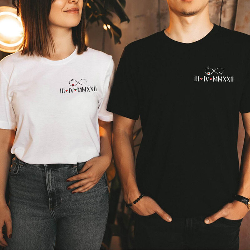 Personalized T-shirt Custom Embroidered Roman Numeral Date with Infinite Love Design Gift for Couple's Anniversary