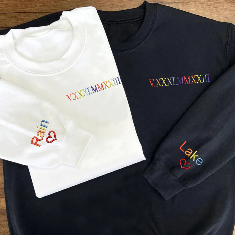 Personalized Sweatshirt Custom Embroidered Colorful Roman Numeral Date Attractive Gift for Couple's Anniversary
