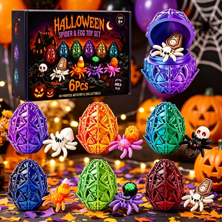 🎃Halloween 3D Printed Spider Egg Set Creative Posable Spider Figurines Hatching Surprise Eggs Kids Holiday Toys🕷️