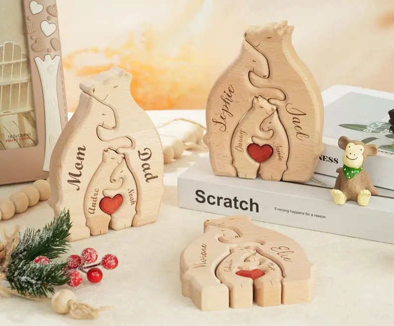 Personalized Wooden Bears Family, Bear Shaped Wood Puzzle with Custom Name- Gift for Mother's Day, Thanksgiving, Christmas