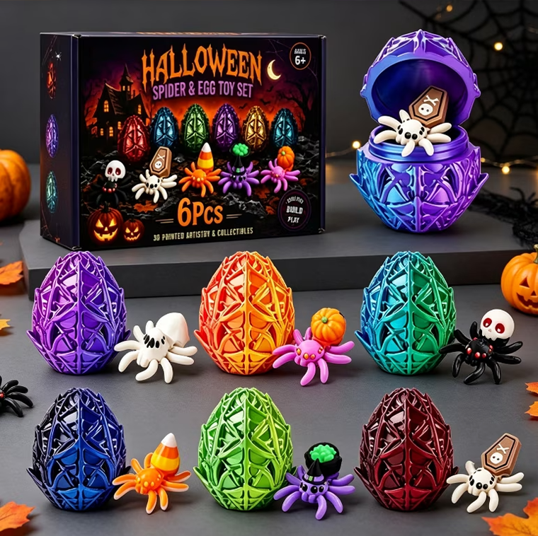 🎃Halloween 3D Printed Spider Egg Set Creative Posable Spider Figurines Hatching Surprise Eggs Kids Holiday Toys🕷️