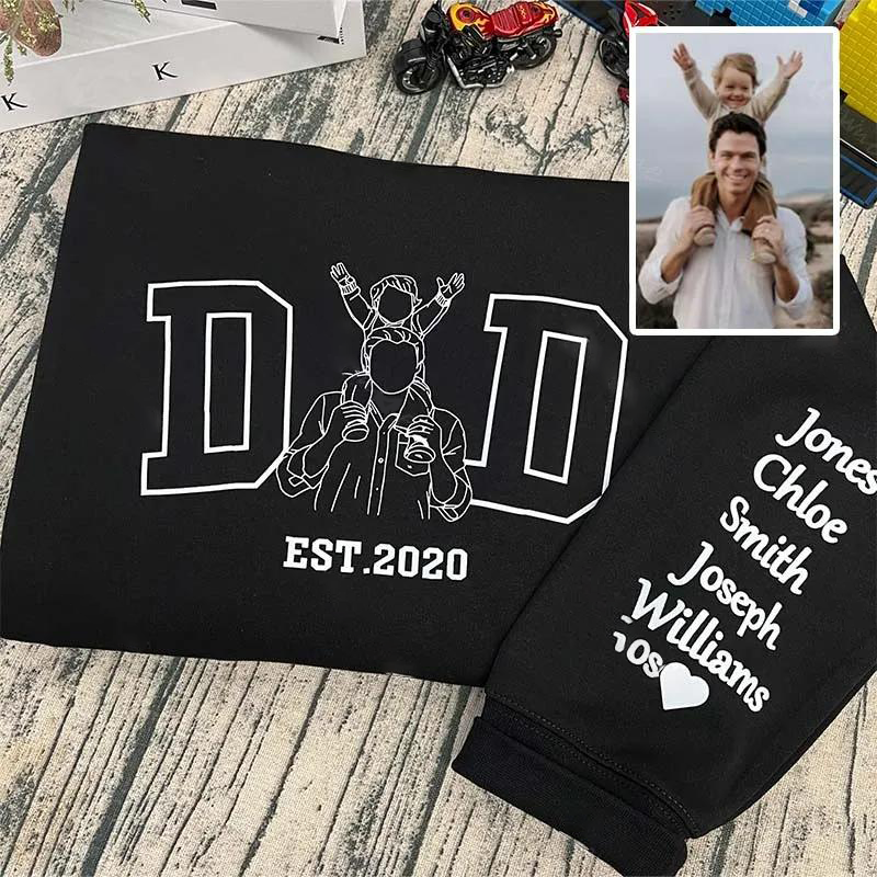Line Art Dad Tribute Sweatshirt with Kid's Name on Sleeve