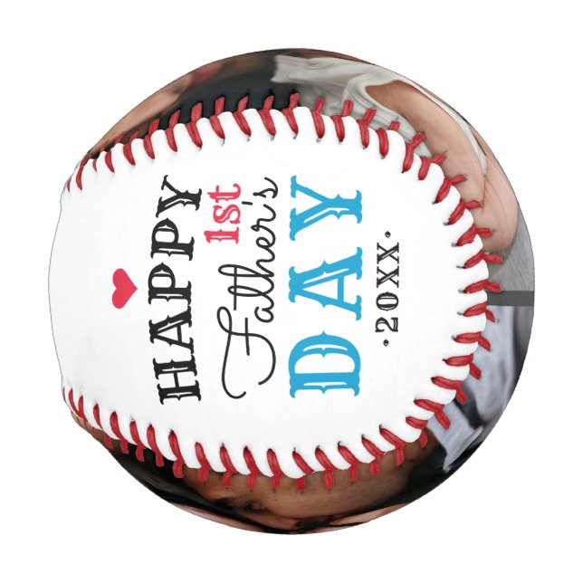 Modern 1st Fathers Day Typography Baby Photo White Baseball And Softball
