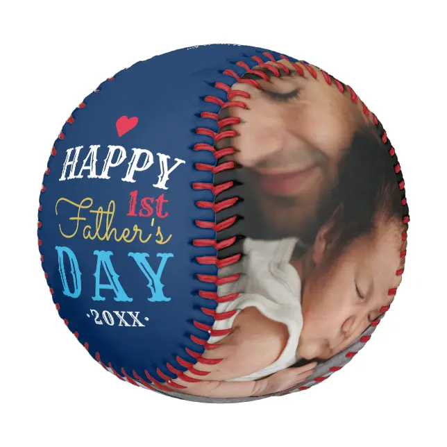 Modern 1st Fathers Day Typography Baby Photo White Baseball And Softball