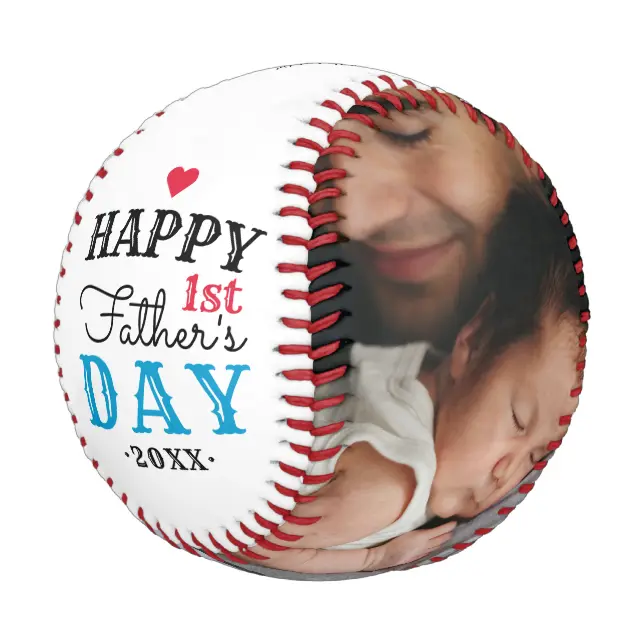 Modern 1st Fathers Day Typography Baby Photo White Baseball And Softball